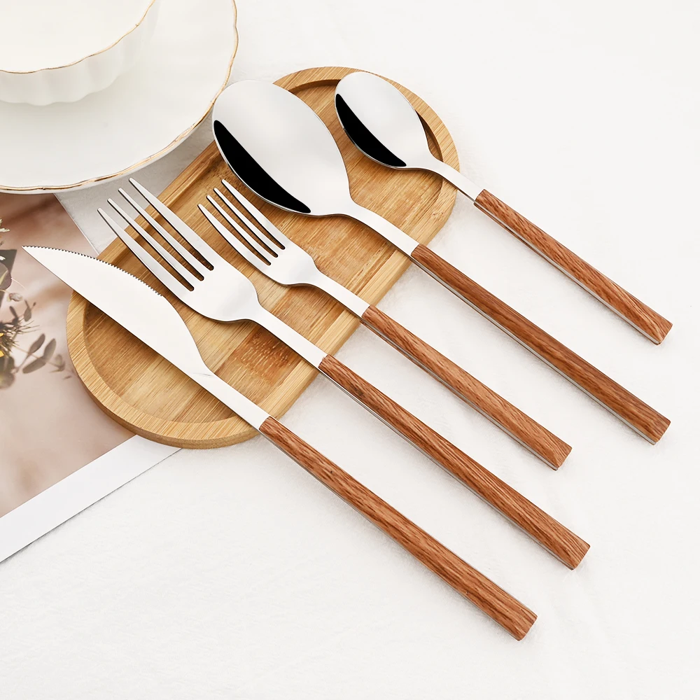 Bamboo Cutlery - 16/24/30 adet paslanmaz çelik taklit ahşap